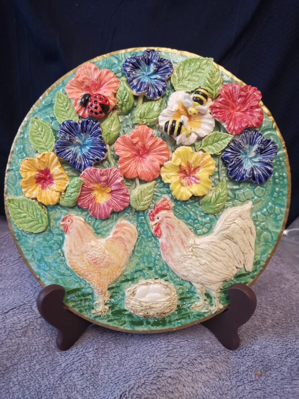 Hen and rooster wild flowers ceramic  panel