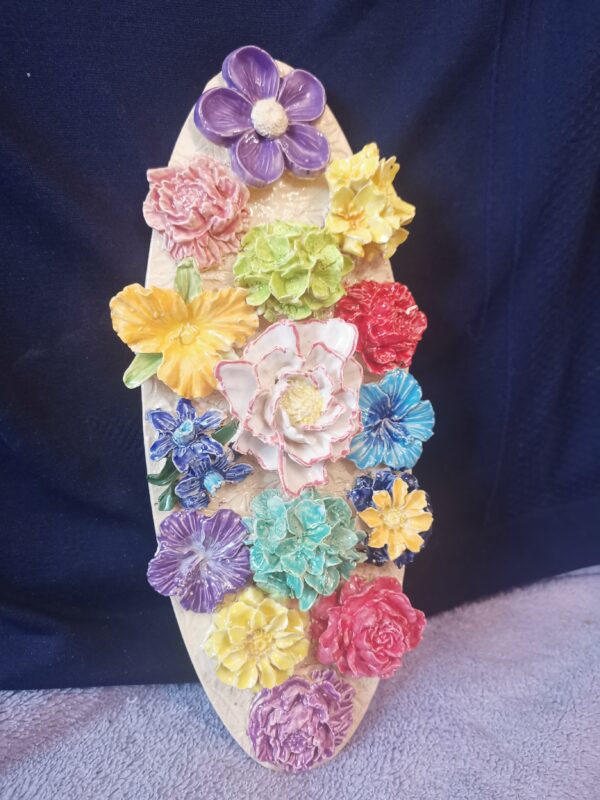 Flowers 3D sculptural ceramics panel, Bohemia relief flowers bouquet