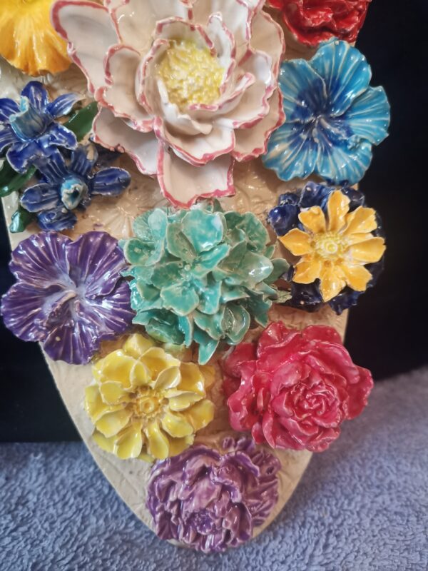 Flowers 3D sculptural ceramics panel, Bohemia relief flowers bouquet - Image 2