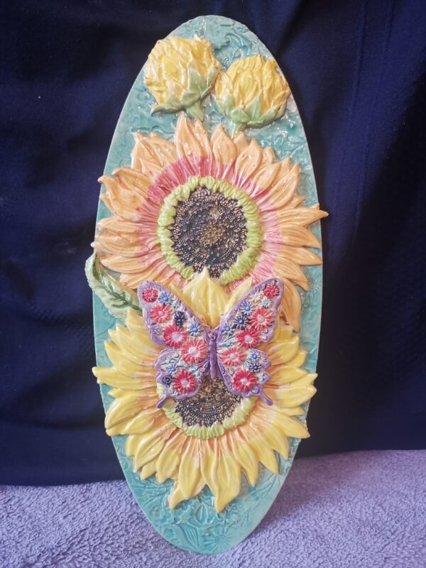 Sunflowers butterflies flowers Ceramic panel, summer handmade