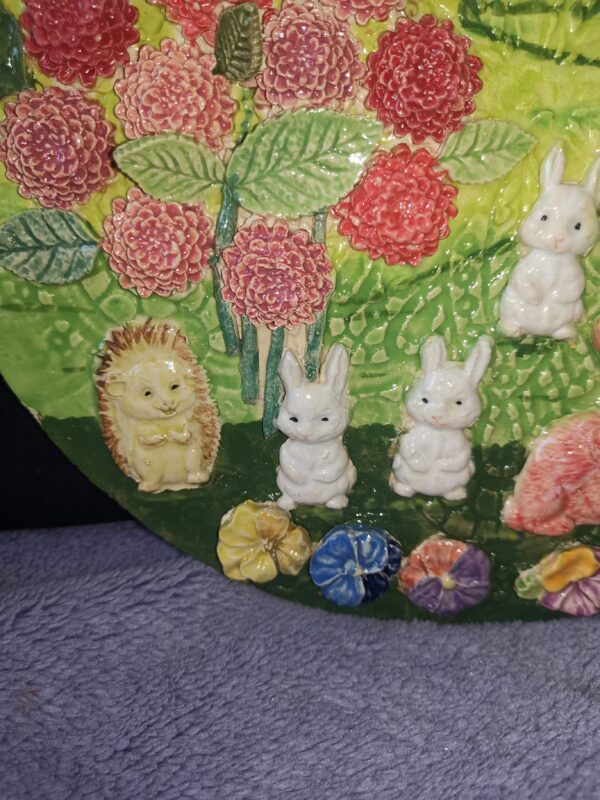 Rabbits hedgehog flowers in meadow near house ceramic plate - Image 5