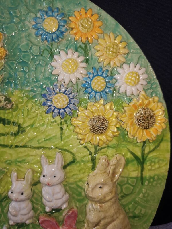 Rabbits hedgehog flowers in meadow near house ceramic plate - Image 4