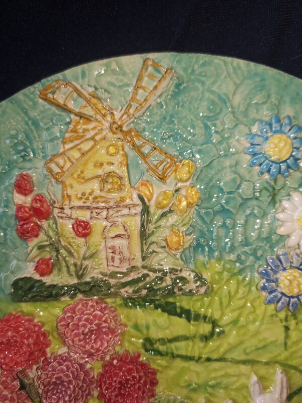 Rabbits hedgehog flowers in meadow near house ceramic plate - Image 3
