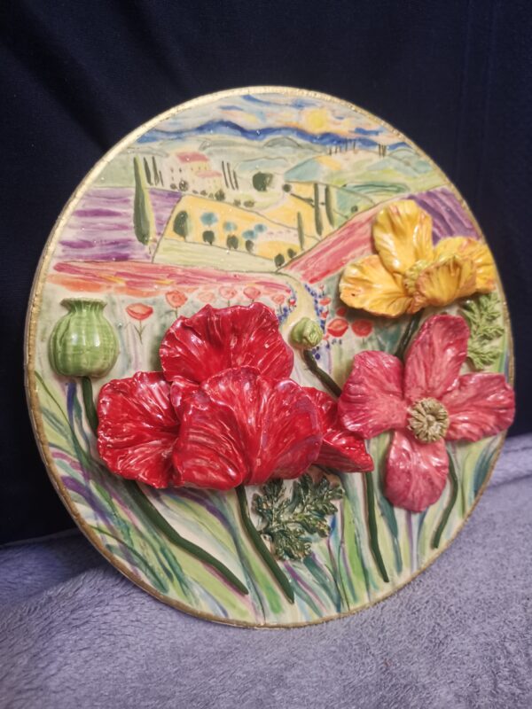 Tuscany painting poppies 3D sculptural ceramic plate