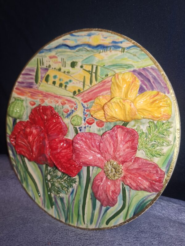 Tuscany painting poppies 3D sculptural ceramic plate - Image 2