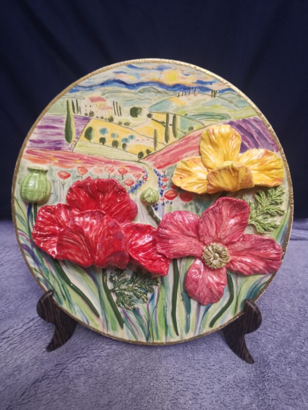 Tuscany painting poppies 3D sculptural ceramic plate - Image 3