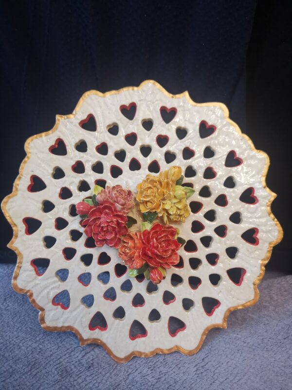 Openwork and cut 3D sculptural flowers ceramic plate