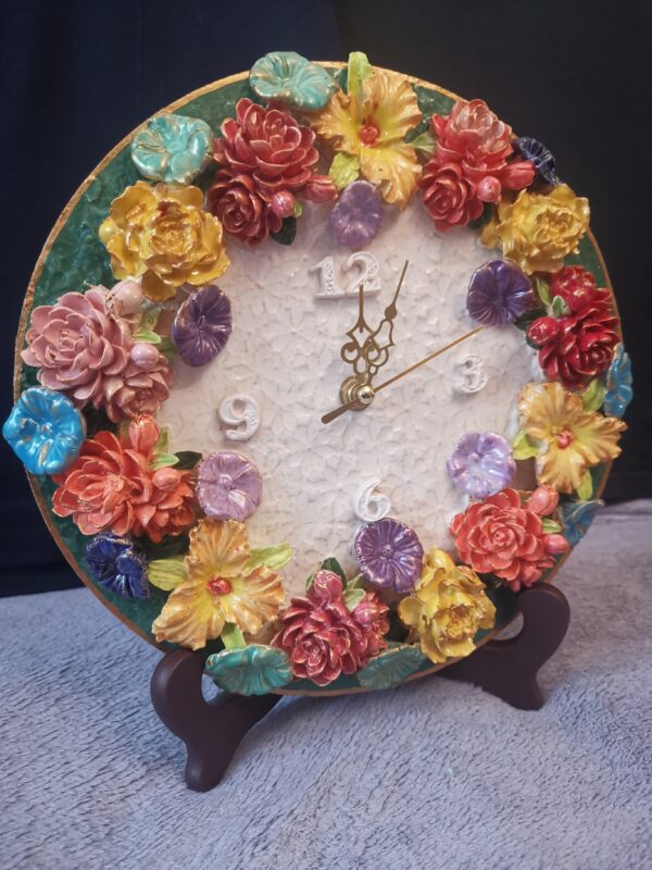 Wallclock 3D Sculptural flowers Bohemia ceramics, handmade