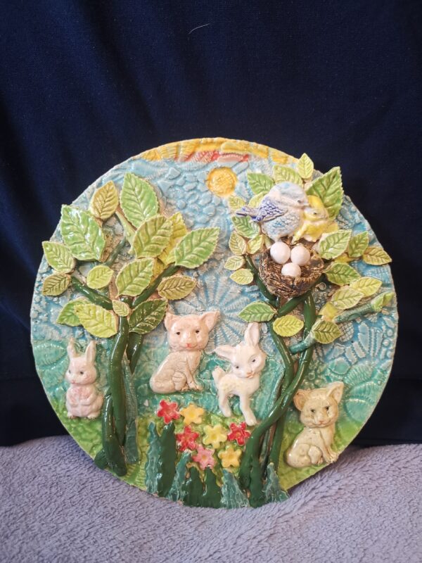 Animals, birds in nest, flowers in the forest ceramic plate,  handmade