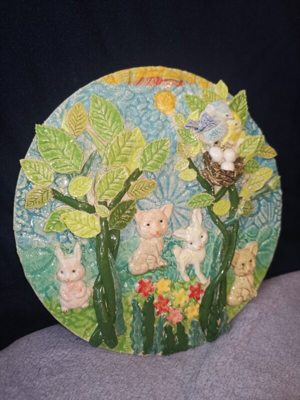 Animals, birds in nest, flowers in the forest ceramic plate,  handmade - Image 2