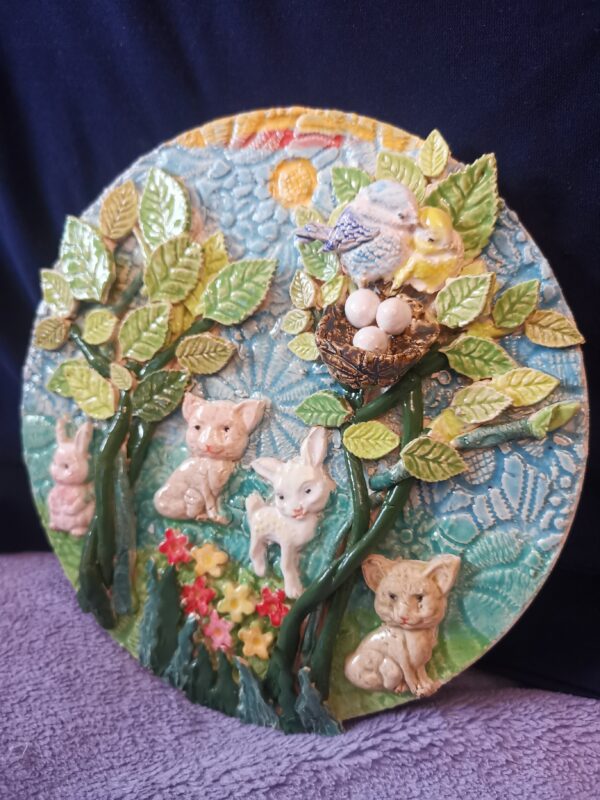 Animals, birds in nest, flowers in the forest ceramic plate,  handmade - Image 8