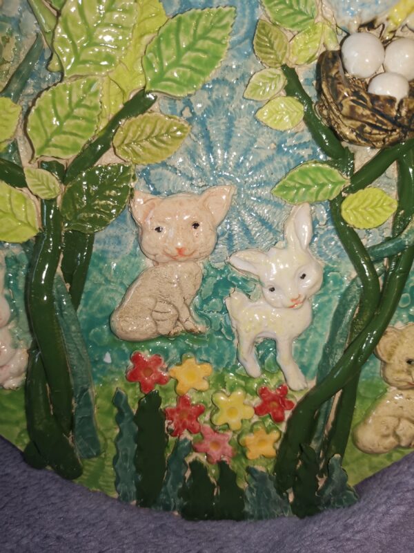 Animals, birds in nest, flowers in the forest ceramic plate,  handmade - Image 6