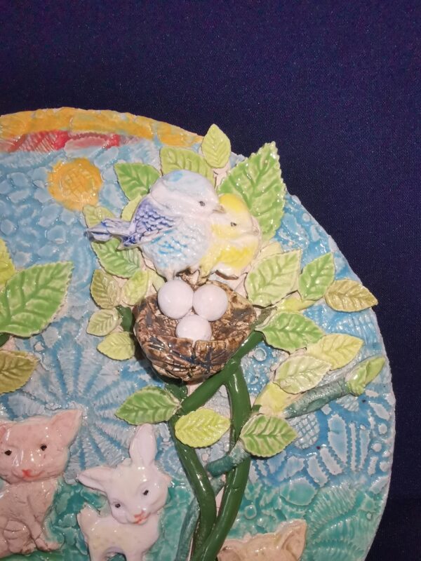 Animals, birds in nest, flowers in the forest ceramic plate,  handmade - Image 4