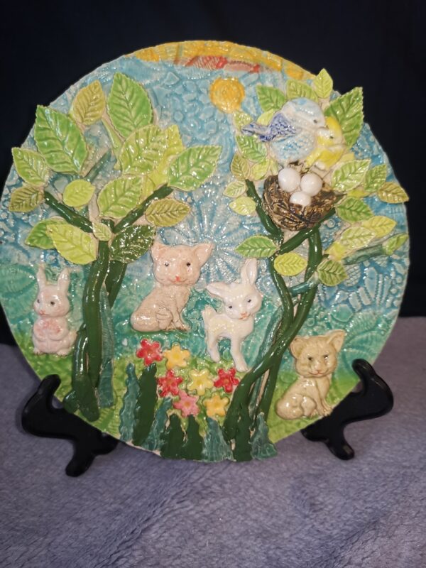 Animals, birds in nest, flowers in the forest ceramic plate,  handmade - Image 3