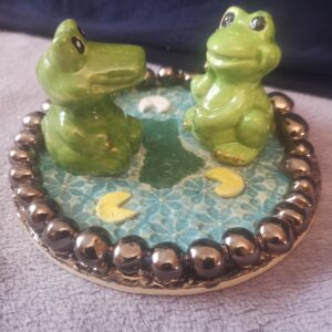 Frog and crocodile on the lake, handmade ceramic plate