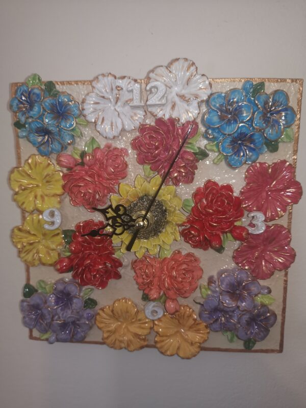 Wallclock Sculptural 3D bright colors flowers  ceramics, handmade,