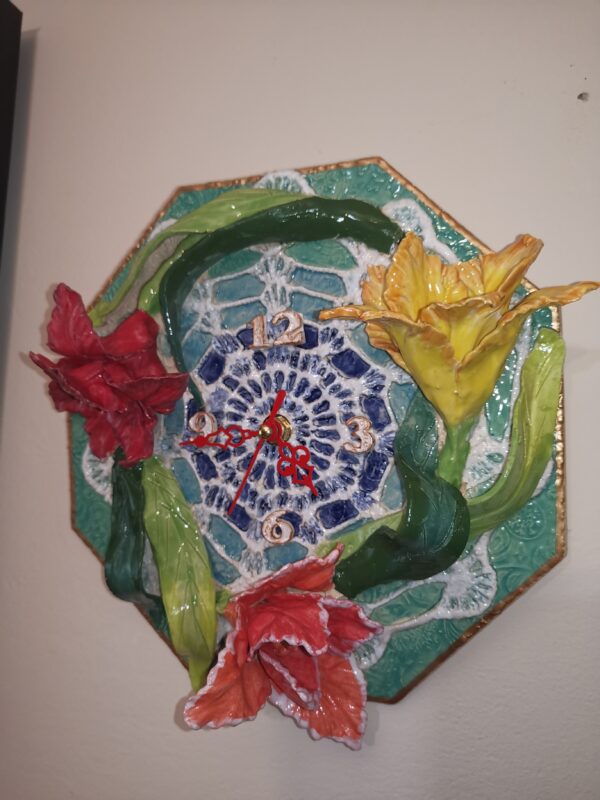 Wallclock Sculptural 3D Bohemia flowers  ceramics, handmade