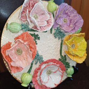 Poppies 3D sculptural ceramic plate, poppies bouquet,  bohemia flowers, handmade, Still life