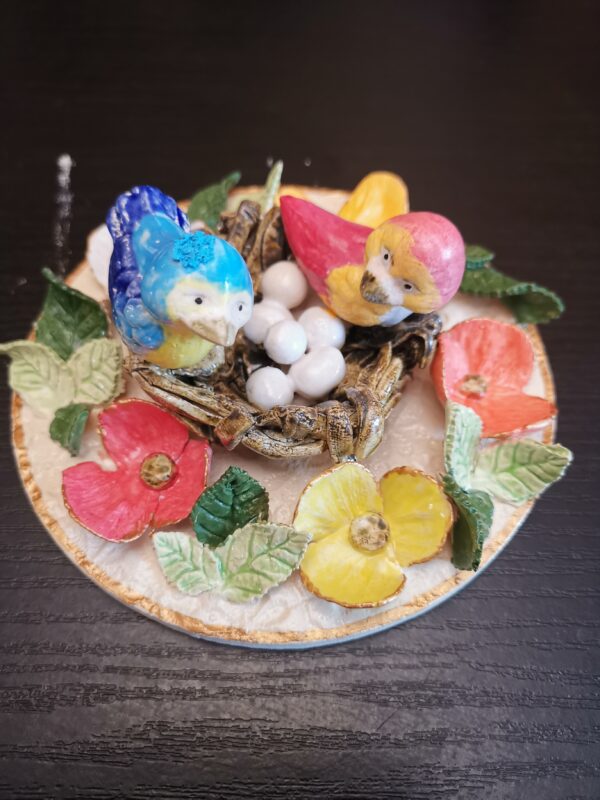 Birds in the nest sculpture, handmade ceramic plate, size 15cm, 6inch