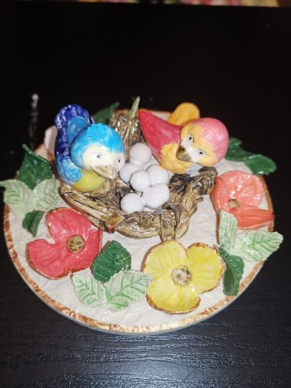 Birds in the nest sculpture, handmade ceramic plate, size 15cm, 6inch - Image 2