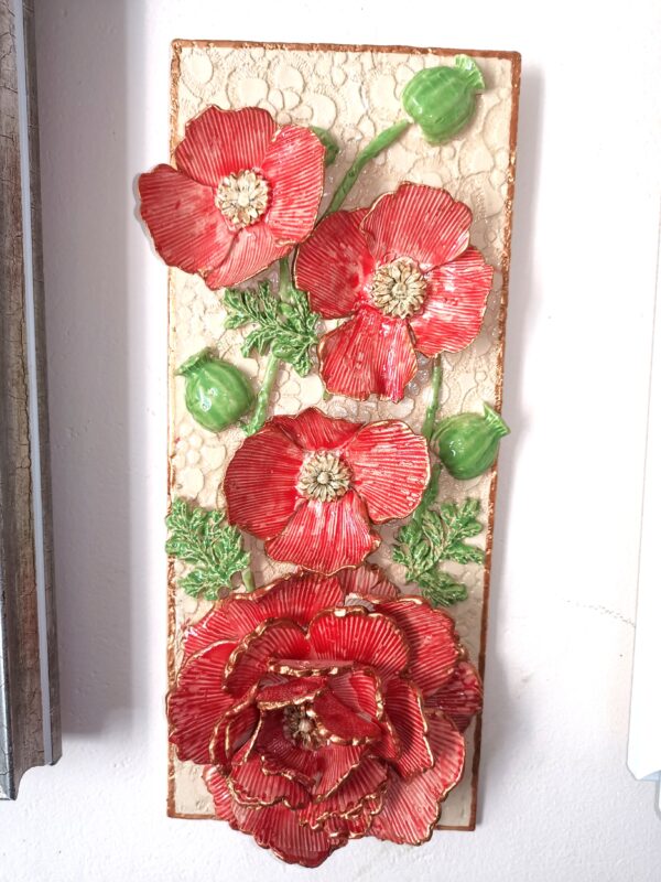 Poppies ceramic 3D sculptural panel,  handmade