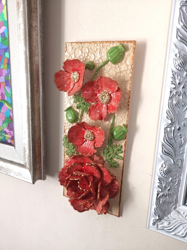 Poppies ceramic 3D sculptural panel,  handmade - Image 3