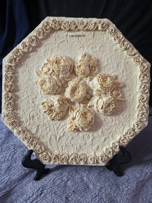 Roses white ceramic sculptural plate, handmade.