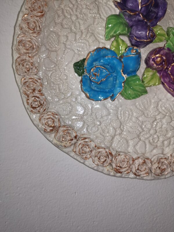 Roses blue sculptural ceramic plate  handmade. - Image 3