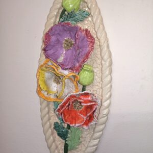 Poppies 3D sculpture ceramic panel, poppies bouquet, handmade, Still life