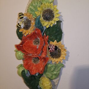 Poppies sunflowers 3D sculpture ceramic panel, bouquet,  bohemia flowers, handmade,