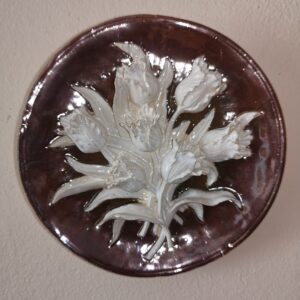 Ceramics sculptural gold rose white tulips plate  handmade.