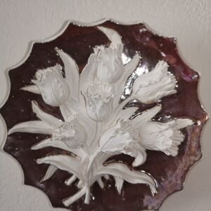 Ceramics sculptural gold rose white tulips figured plate  handmade.