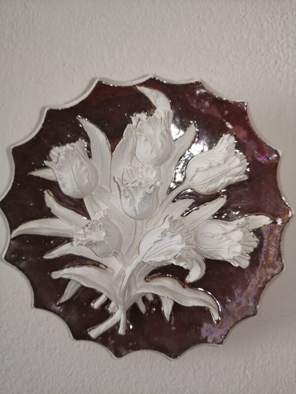 Ceramics sculptural gold rose white tulips figured plate  handmade.