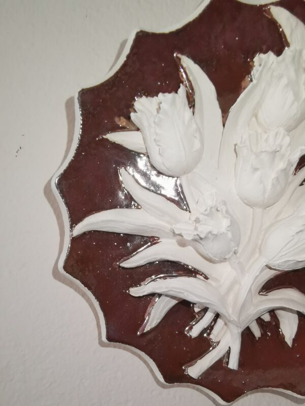 Ceramics sculptural gold rose white tulips figured plate  handmade. - Image 5