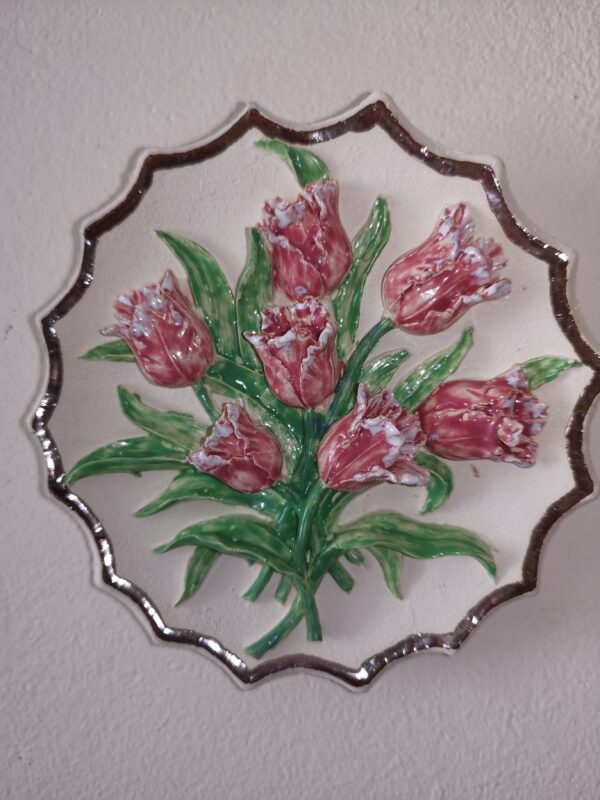 Ceramics sculptural colored tulips plate  handmade.