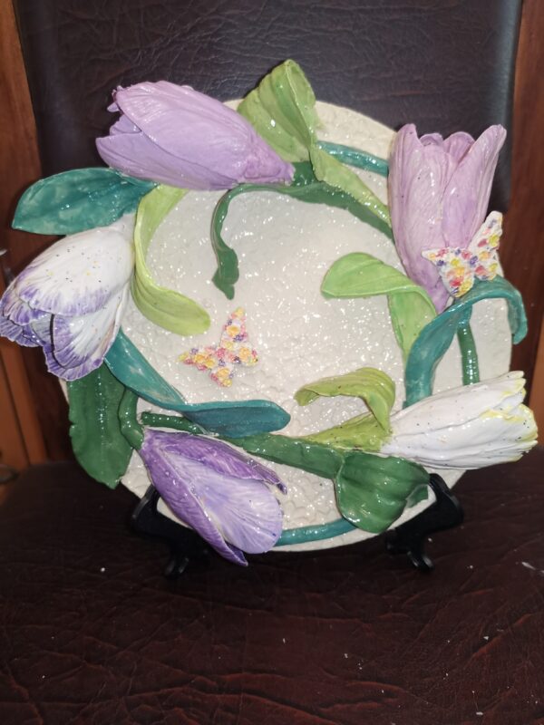 Tulips 3D sculptural Ceramic plate handmade. - Image 2