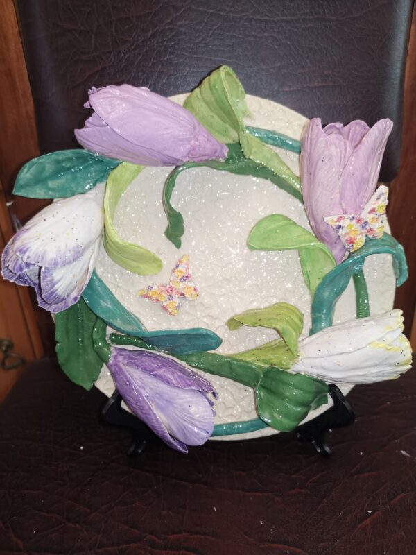 Tulips 3D sculptural Ceramic plate handmade.