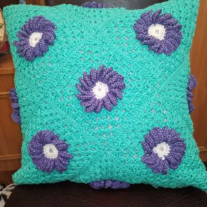 Pillow Turquoise with blue flowers knitted case,  Decorative pillow knitted cover, Cable knit pillow