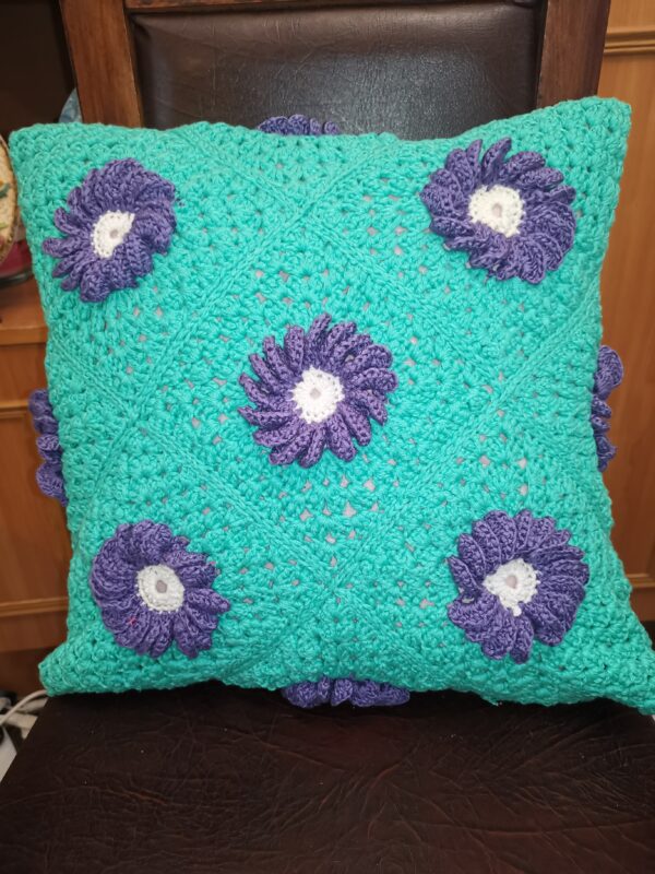 Pillow Turquoise with blue flowers knitted case,  Decorative pillow knitted cover, Cable knit pillow