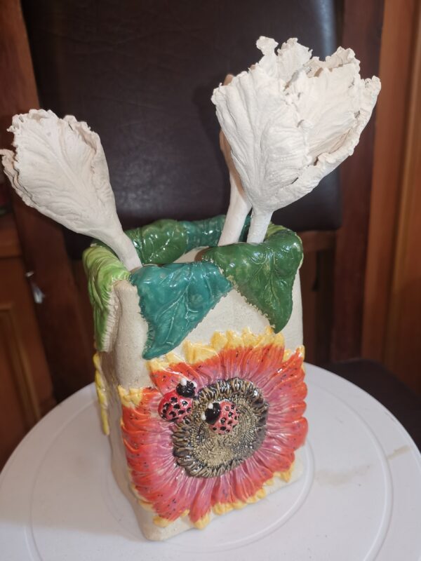 Vase with sunflowers ceramic handmade.
