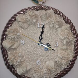 Ceramic wall clock with brown, beige flowers, coffee with milk, handmade.