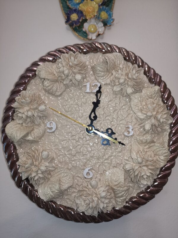 Ceramic wall clock with brown, beige flowers, coffee with milk, handmade.
