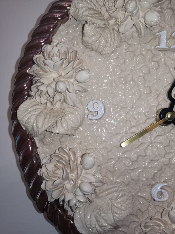 Ceramic wall clock with brown, beige flowers, coffee with milk, handmade. - Image 4