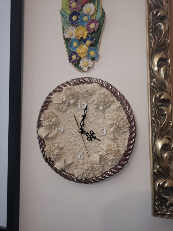 Ceramic wall clock with brown, beige flowers, coffee with milk, handmade. - Image 2