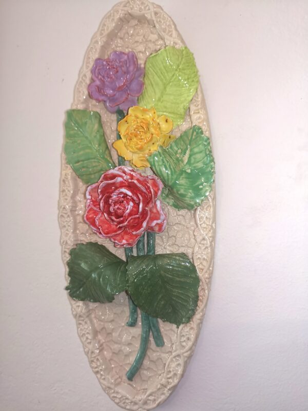 Roses 3D sculpture ceramic panel, roses bouquet, handmade