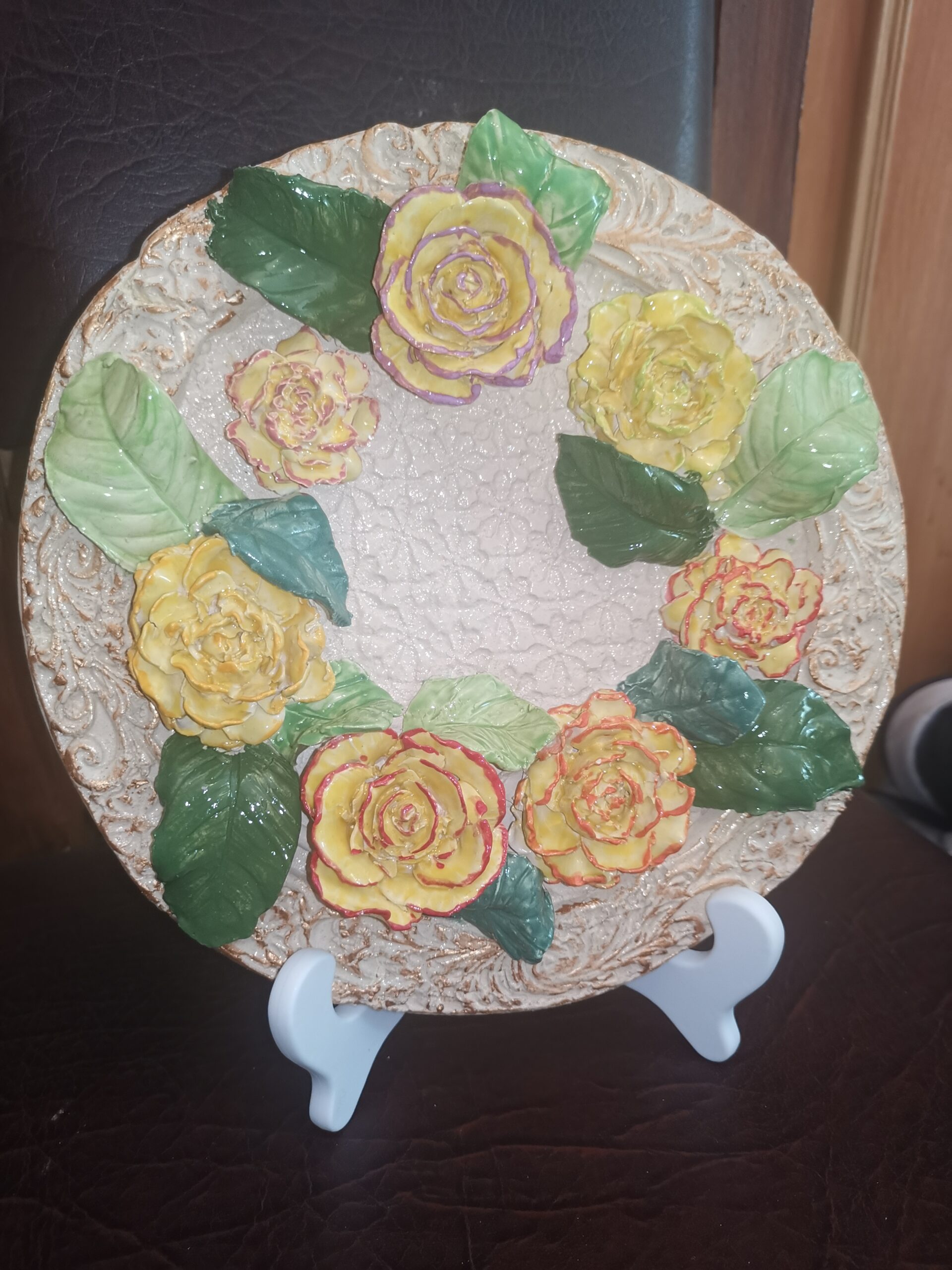 Roses ceramic sculpture 3D plate handmade
