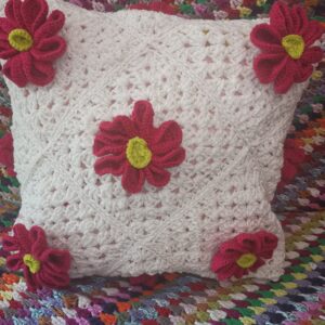 Pillow white red flowers knitted case,  Decorative pillow knitted cover.