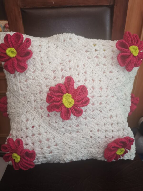 Pillow white red flowers knitted case,  Decorative pillow knitted cover. - Image 3