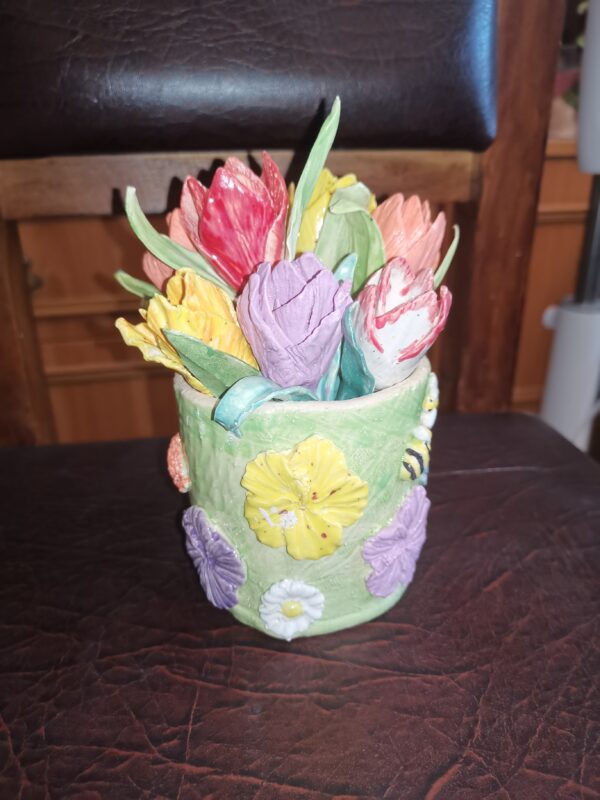 Vase with tulips ceramic handmade.