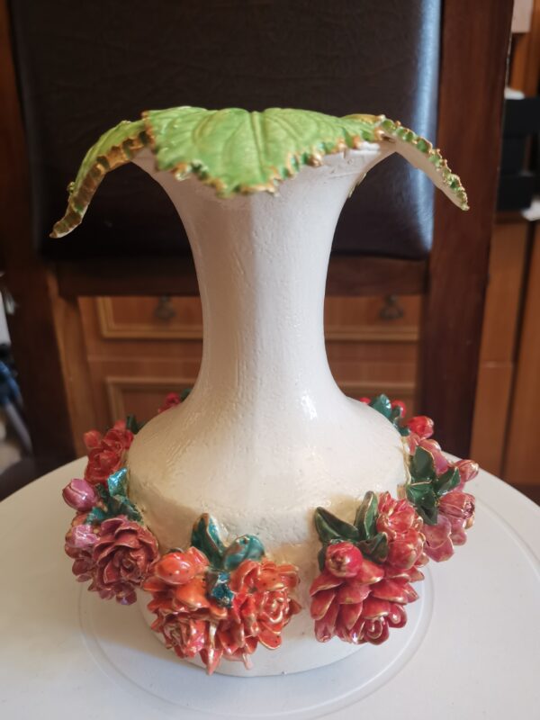 Vase red flowers and leaves ceramic handmade